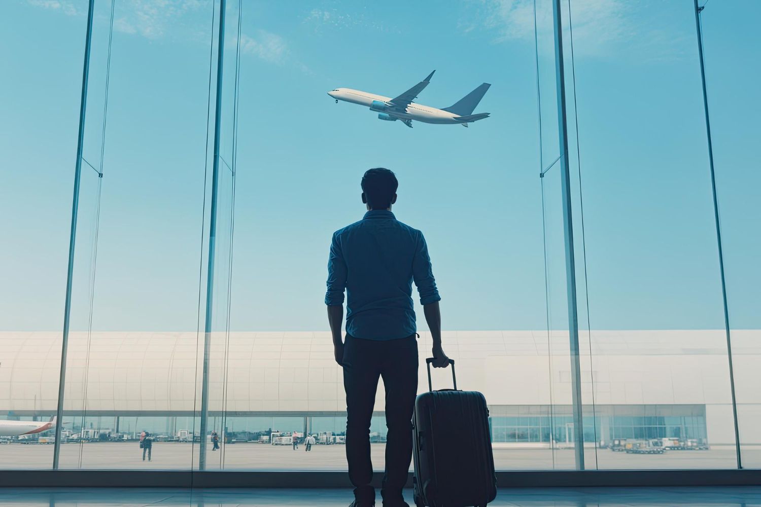 A traveller at the airport departing on a trip booked with Sky Pass Aviation Services